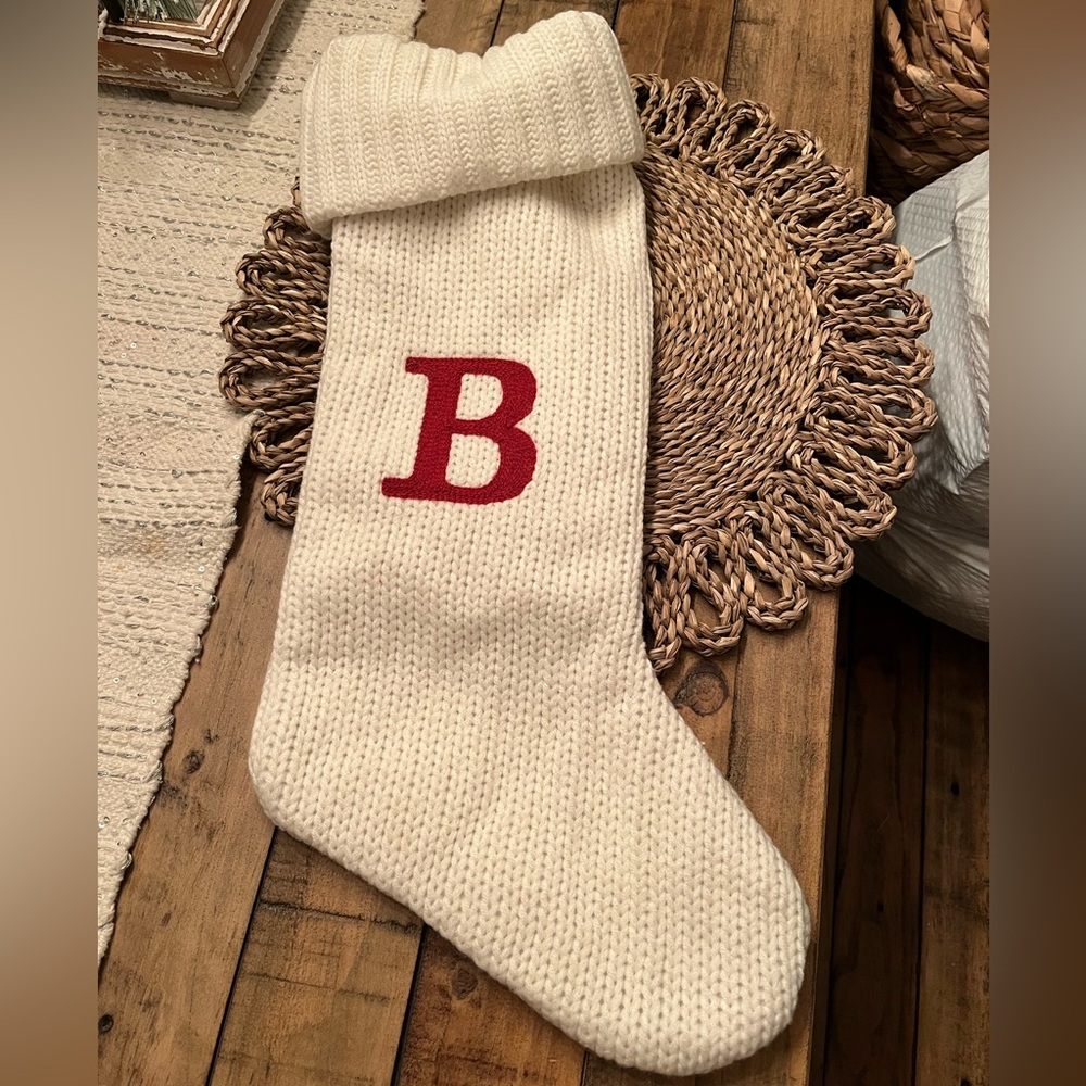 White  Knit Stocking with Red Initial B
